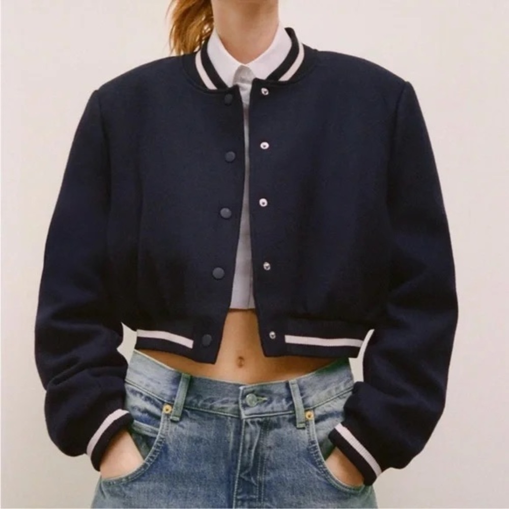 Zara Navy Blue Wool-Blend Varsity Bomber Jacket